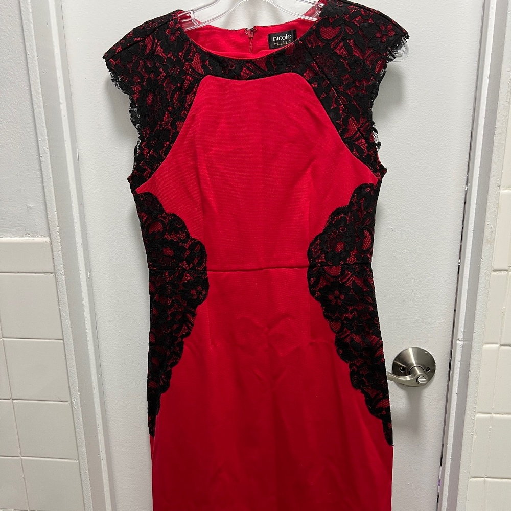 Nicole by Nicole Miller Red with Black Lace Trim Dress